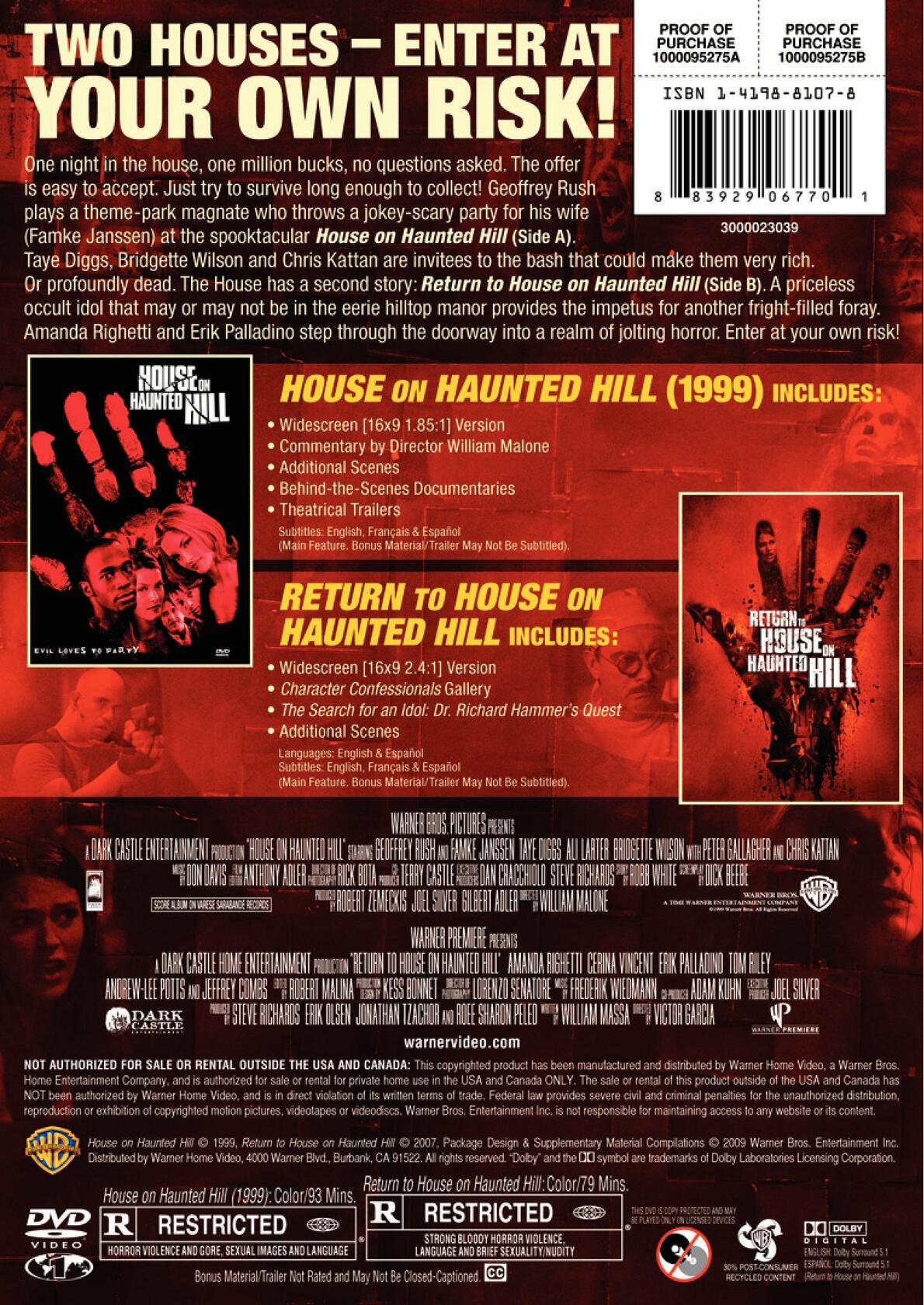 House on Haunted Hill Double Feature [DVD] - Very Good