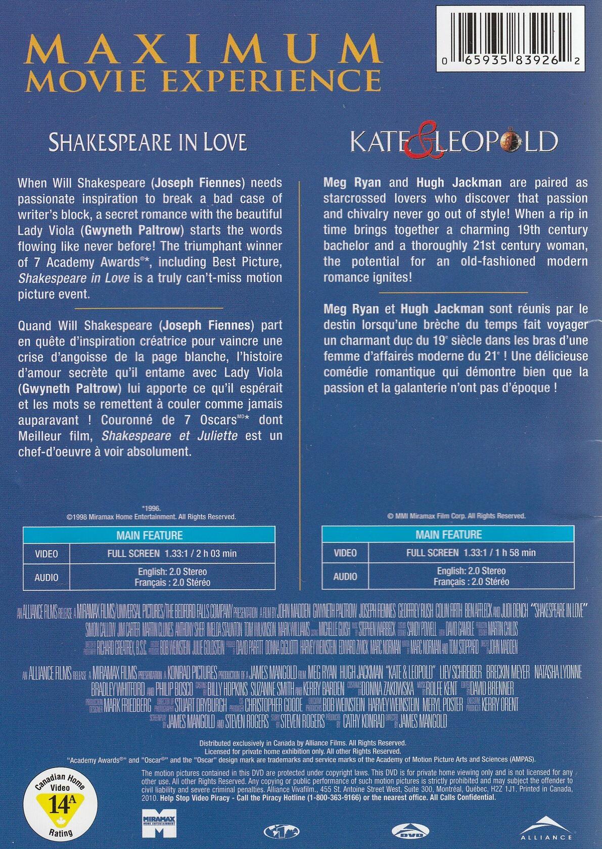 Shakespeare in Love / Kate & Leopold (Double Feature) [DVD] - Very Good