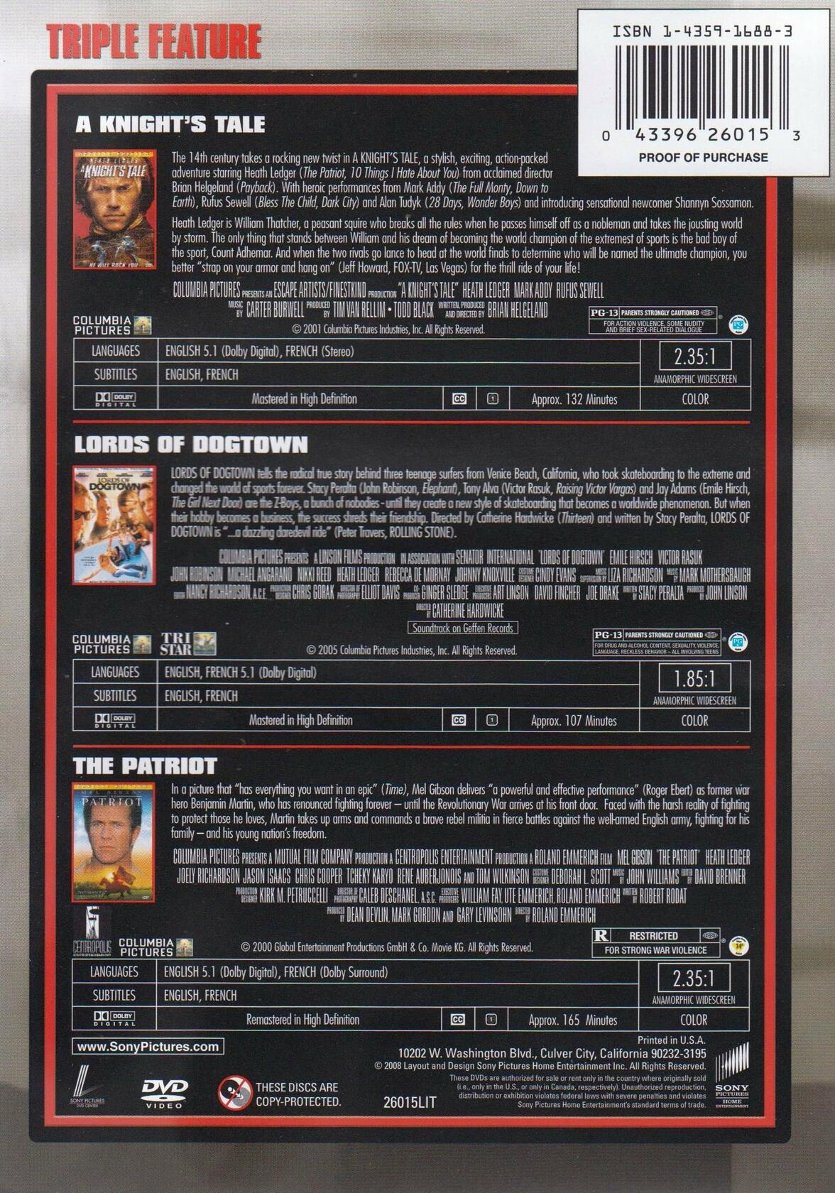 Heath Ledger Triple Feature (A Knight's Tale / Lords of Dogtown / The Patriot) [DVD] - Very Good
