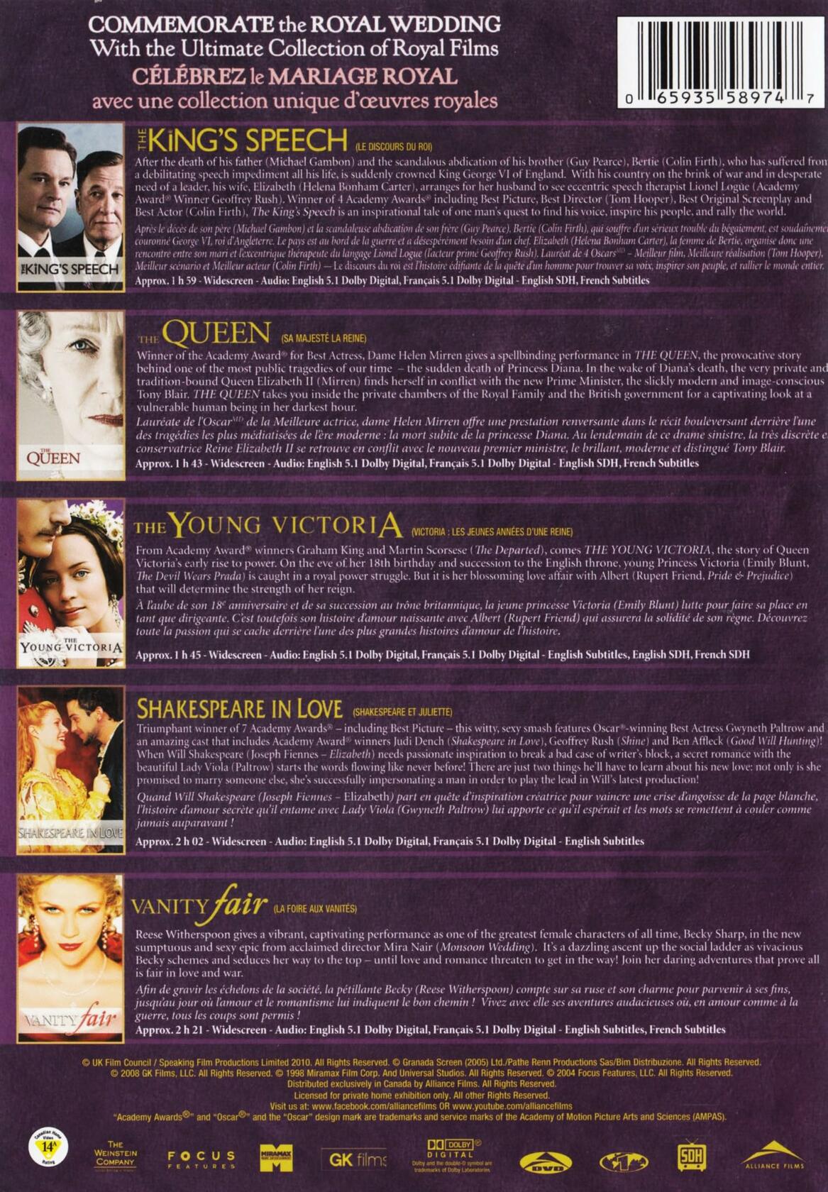 The Royal Collection (The King's Speech / The Queen / The Young Victoria / Shakespeare in Love / Vanity Fair) (Bilingual)/DVD [DVD] [DVD] - Very Good